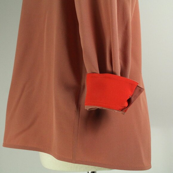 Burberry London Silk Button Front Clay Brown Red Detail Long Sleeve Blouse 6 - Picture 5 of 8